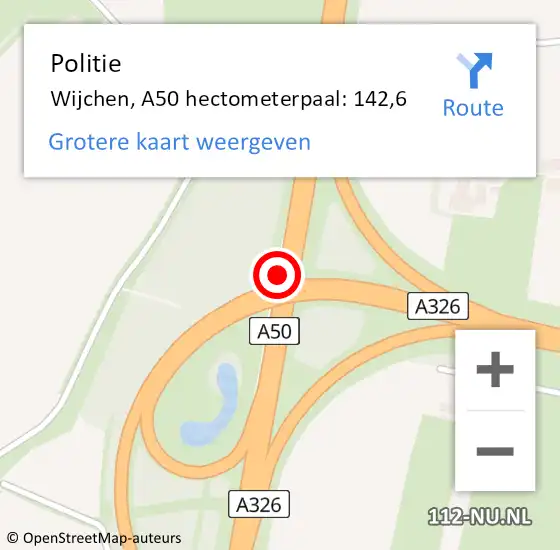 Locatie op kaart van de 112 melding: Politie Wijchen, A50 hectometerpaal: 142,6 op 1 juni 2021 15:29