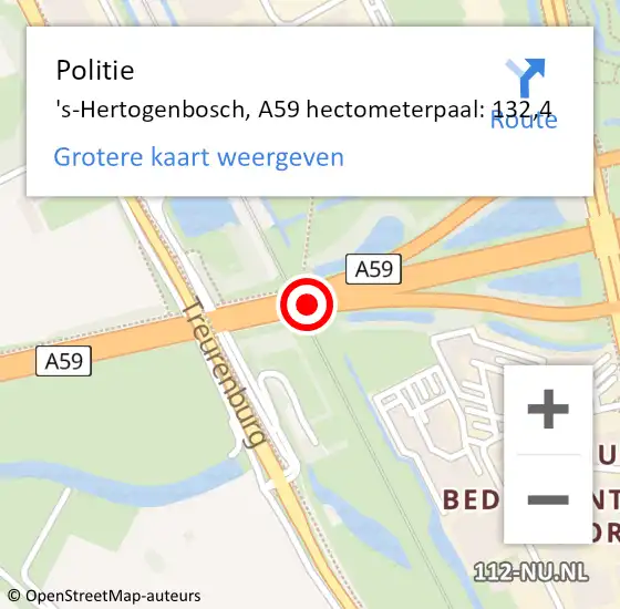 Locatie op kaart van de 112 melding: Politie 's-Hertogenbosch, A59 hectometerpaal: 132,4 op 1 juni 2021 15:32