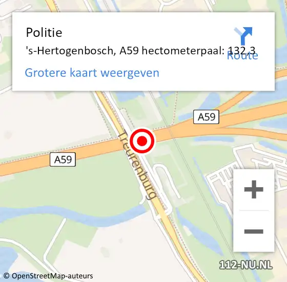 Locatie op kaart van de 112 melding: Politie 's-Hertogenbosch, A59 hectometerpaal: 132,3 op 1 juni 2021 15:35