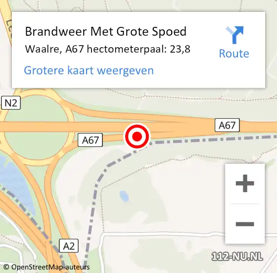 Locatie op kaart van de 112 melding: Brandweer Met Grote Spoed Naar Waalre, A67 hectometerpaal: 23,8 op 1 juni 2021 15:44