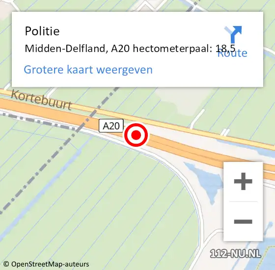 Locatie op kaart van de 112 melding: Politie Midden-Delfland, A20 hectometerpaal: 18,5 op 1 juni 2021 15:58