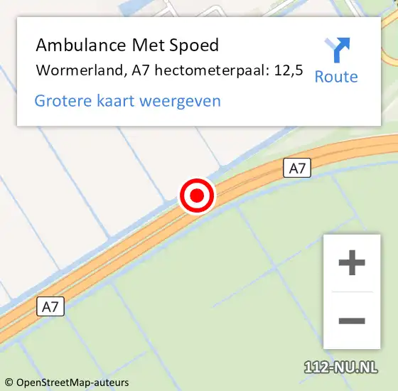 Locatie op kaart van de 112 melding: Ambulance Met Spoed Naar Wormerland, A7 hectometerpaal: 12,5 op 1 juni 2021 16:01