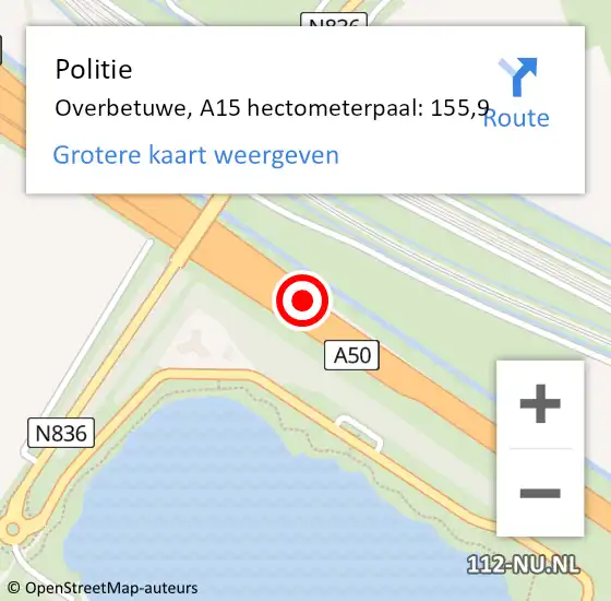 Locatie op kaart van de 112 melding: Politie Overbetuwe, A15 hectometerpaal: 155,9 op 1 juni 2021 19:47