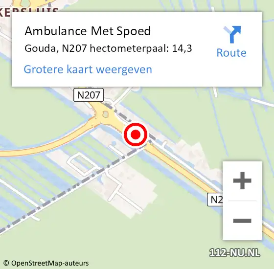 Locatie op kaart van de 112 melding: Ambulance Met Spoed Naar Gouda, N207 hectometerpaal: 14,3 op 1 juni 2021 21:05