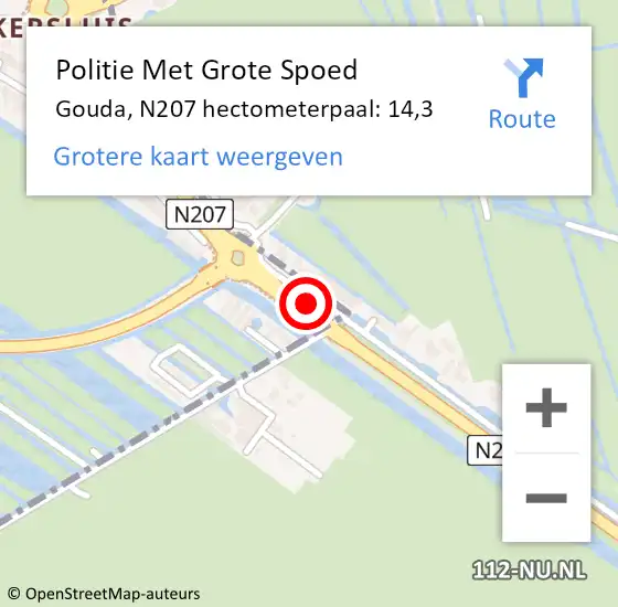 Locatie op kaart van de 112 melding: Politie Met Grote Spoed Naar Gouda, N207 hectometerpaal: 14,3 op 1 juni 2021 21:06