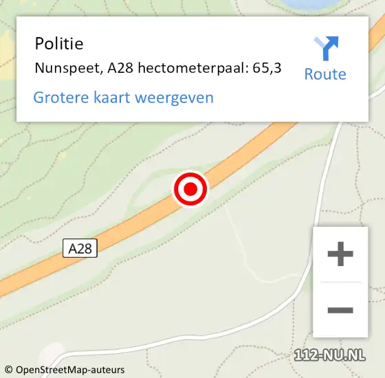 Locatie op kaart van de 112 melding: Politie Nunspeet, A28 hectometerpaal: 65,3 op 2 juni 2021 07:42