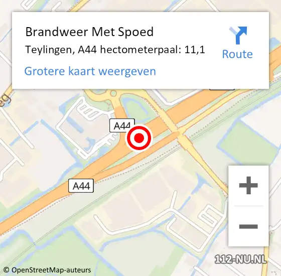 Locatie op kaart van de 112 melding: Brandweer Met Spoed Naar Teylingen, A44 hectometerpaal: 11,1 op 2 juni 2021 09:55