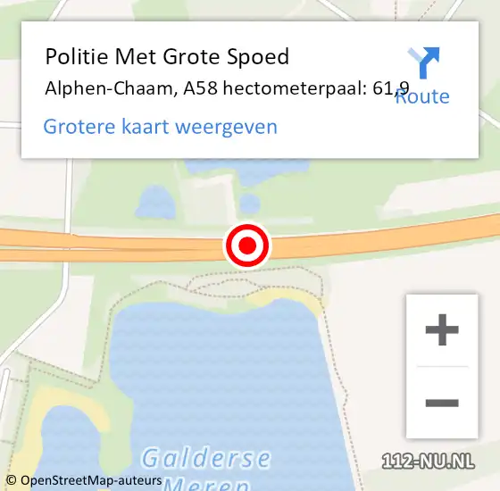 Locatie op kaart van de 112 melding: Politie Met Grote Spoed Naar Alphen-Chaam, A58 hectometerpaal: 61,9 op 2 juni 2021 10:23