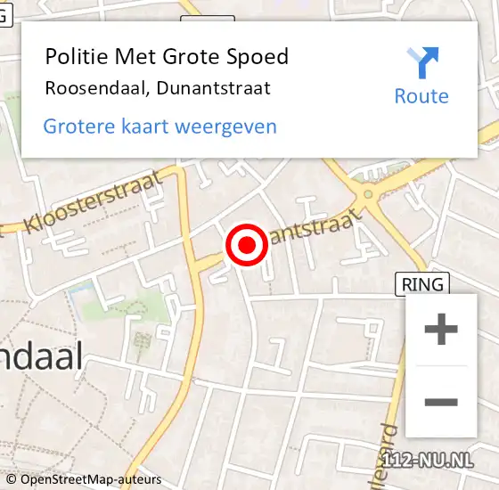 Locatie op kaart van de 112 melding: Politie Met Grote Spoed Naar Roosendaal, Dunantstraat op 2 juni 2021 14:49