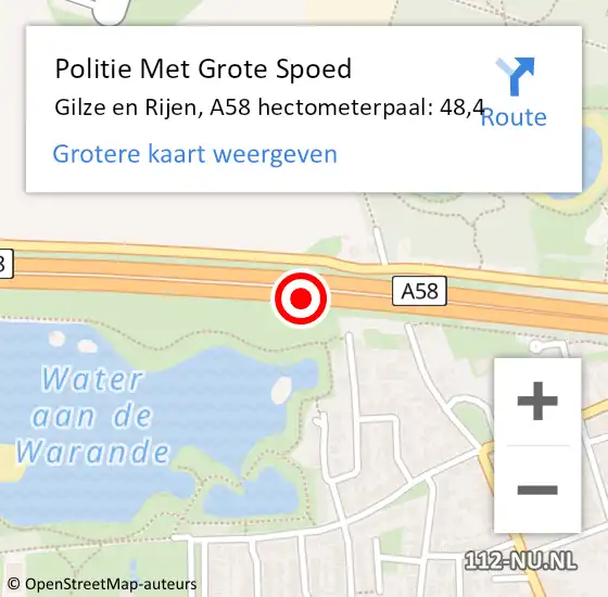 Locatie op kaart van de 112 melding: Politie Met Grote Spoed Naar Gilze en Rijen, A58 hectometerpaal: 48,4 op 2 juni 2021 15:29