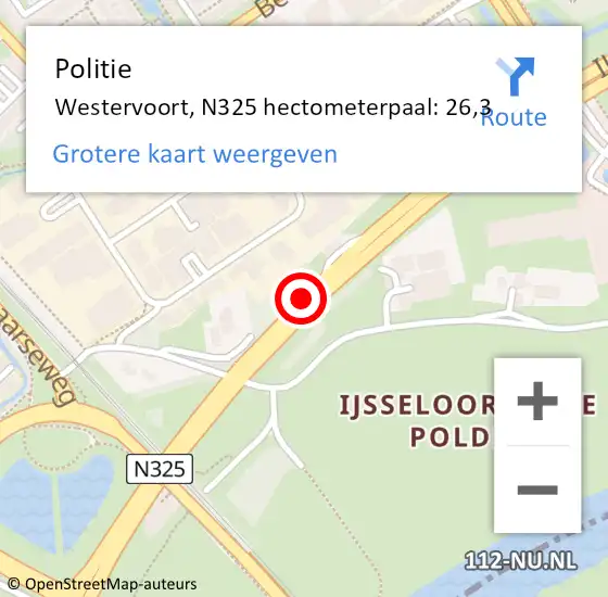 Locatie op kaart van de 112 melding: Politie Westervoort, N325 hectometerpaal: 26,3 op 2 juni 2021 17:29
