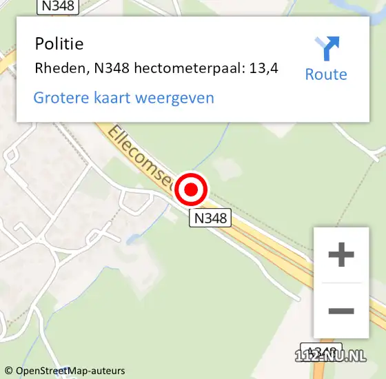 Locatie op kaart van de 112 melding: Politie Rheden, N348 hectometerpaal: 13,4 op 2 juni 2021 20:25