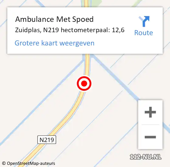 Locatie op kaart van de 112 melding: Ambulance Met Spoed Naar Zuidplas, N219 hectometerpaal: 12,6 op 2 juni 2021 23:53