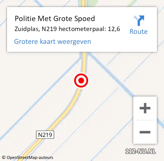 Locatie op kaart van de 112 melding: Politie Met Grote Spoed Naar Zuidplas, N219 hectometerpaal: 12,6 op 2 juni 2021 23:54