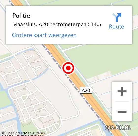 Locatie op kaart van de 112 melding: Politie Maassluis, A20 hectometerpaal: 14,5 op 3 juni 2021 06:57
