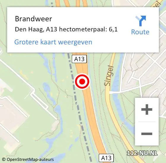 Locatie op kaart van de 112 melding: Brandweer Den Haag, A13 hectometerpaal: 6,1 op 3 juni 2021 10:48