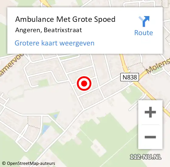 Locatie op kaart van de 112 melding: Ambulance Met Grote Spoed Naar Angeren, Beatrixstraat op 3 juni 2021 10:55