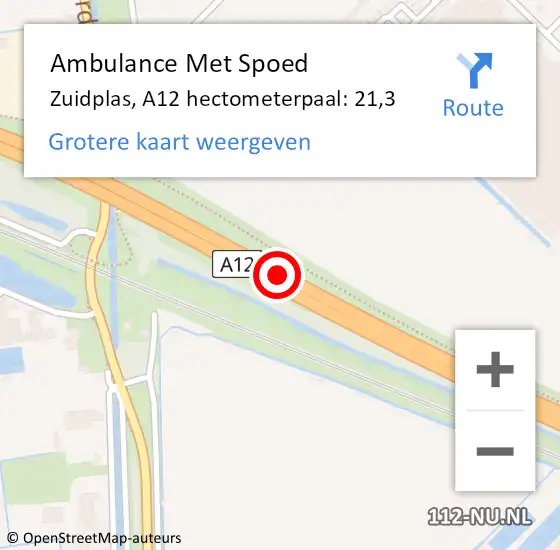 Locatie op kaart van de 112 melding: Ambulance Met Spoed Naar Zuidplas, A12 hectometerpaal: 21,3 op 3 juni 2021 13:42