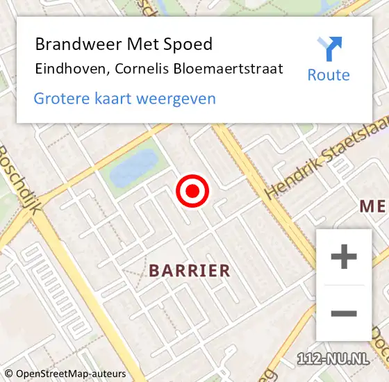 Locatie op kaart van de 112 melding: Brandweer Met Spoed Naar Eindhoven, Cornelis Bloemaertstraat op 3 juni 2021 13:47