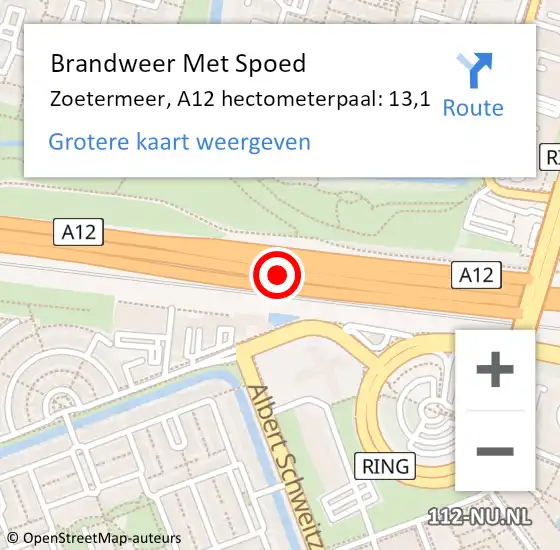Locatie op kaart van de 112 melding: Brandweer Met Spoed Naar Zoetermeer, A12 hectometerpaal: 13,1 op 3 juni 2021 18:58