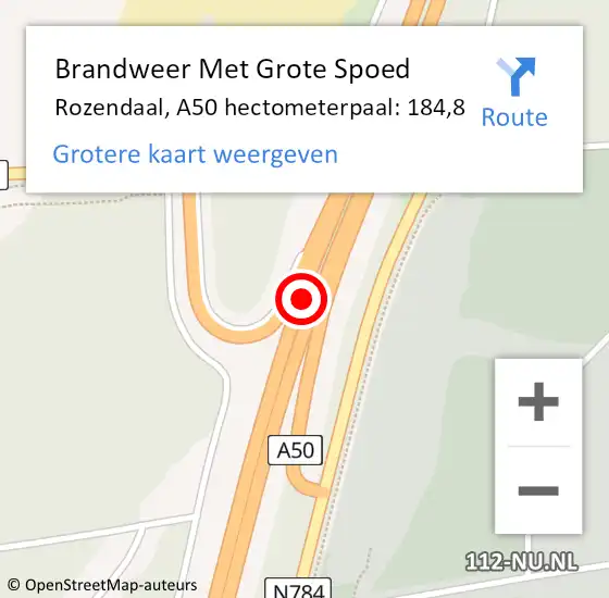 Locatie op kaart van de 112 melding: Brandweer Met Grote Spoed Naar Rozendaal, A50 hectometerpaal: 184,8 op 3 juni 2021 19:22