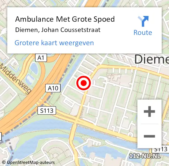 Locatie op kaart van de 112 melding: Ambulance Met Grote Spoed Naar Diemen, Johan Coussetstraat op 3 juni 2021 19:40