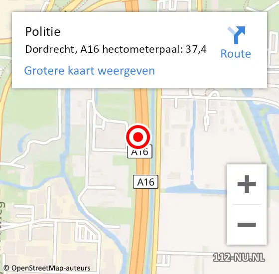 Locatie op kaart van de 112 melding: Politie Dordrecht, A16 hectometerpaal: 37,4 op 3 juni 2021 21:53