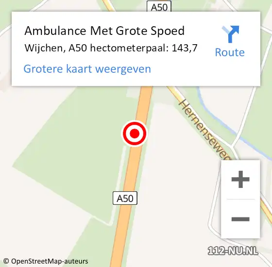 Locatie op kaart van de 112 melding: Ambulance Met Grote Spoed Naar Wijchen, A50 hectometerpaal: 143,7 op 4 juni 2021 15:37