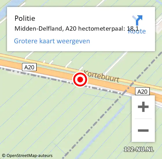 Locatie op kaart van de 112 melding: Politie Midden-Delfland, A20 hectometerpaal: 18,1 op 4 juni 2021 20:09