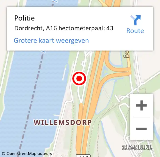 Locatie op kaart van de 112 melding: Politie Dordrecht, A16 hectometerpaal: 43 op 6 juni 2021 10:59