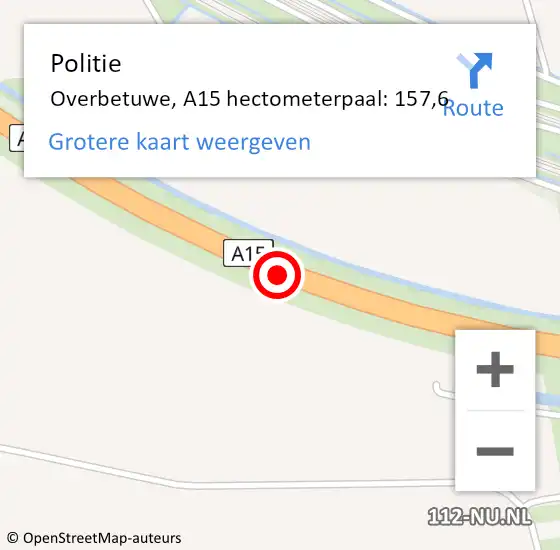 Locatie op kaart van de 112 melding: Politie Overbetuwe, A15 hectometerpaal: 157,6 op 6 juni 2021 11:05