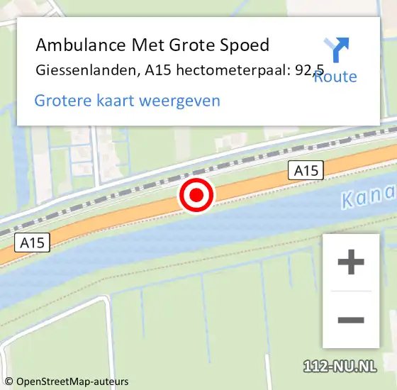 Locatie op kaart van de 112 melding: Ambulance Met Grote Spoed Naar Giessenlanden, A15 hectometerpaal: 92,5 op 6 juni 2021 17:24