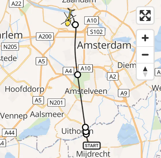 Vlucht Traumahelikopter PH-TTR van Mijdrecht naar Amsterdam Heliport op zondag 28 april 2024 22:31