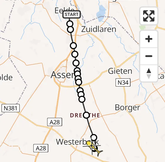 Vlucht Traumahelikopter PH-DOC van Groningen Airport Eelde naar Orvelte op maandag 6 mei 2024 20:27