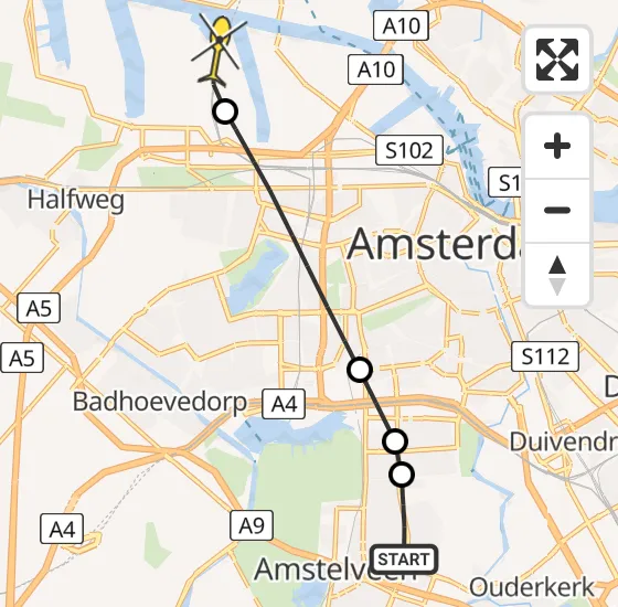 Vlucht Traumahelikopter PH-TTR van Amstelveen naar Amsterdam Heliport op vrijdag 10 mei 2024 11:45