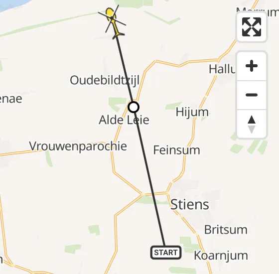 Vlucht Ambulancehelikopter PH-OOP van Koarnjum naar Hallum op maandag 13 mei 2024 9:43