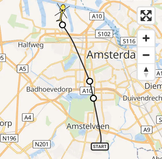 Vlucht Traumahelikopter PH-TTR van Amstelveen naar Amsterdam Heliport op zondag 19 mei 2024 14:27
