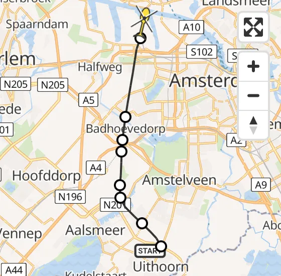 Vlucht Traumahelikopter PH-DOC van Uithoorn naar Amsterdam Heliport op zaterdag 29 juni 2024 20:36