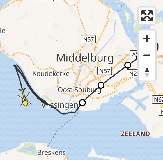 Vlucht Kustwachthelikopter PH-NCG van Vliegveld Midden-Zeeland naar Vlissingen op donderdag 18 juli 2024 16:43