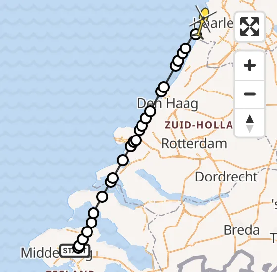 Vlucht Kustwachthelikopter PH-NCG van Vliegveld Midden-Zeeland naar Zandvoort op vrijdag 19 juli 2024 21:36