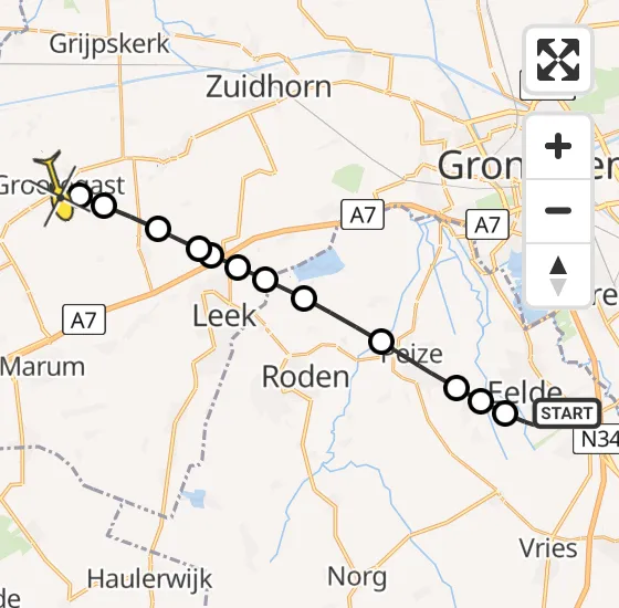 Vlucht Traumahelikopter PH-MAA van Groningen Airport Eelde naar Grootegast op zaterdag 20 juli 2024 12:59