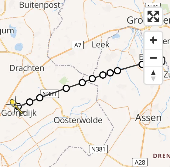 Vlucht Traumahelikopter PH-MAA van Groningen Airport Eelde naar Terwispel op zaterdag 3 augustus 2024 1:32