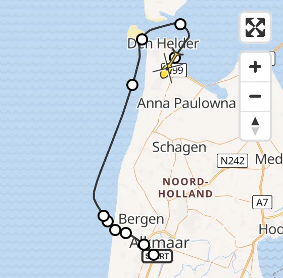 Vlucht Kustwachthelikopter PH-SAR van Alkmaar naar Vliegveld De Kooy op zaterdag 3 augustus 2024 17:39
