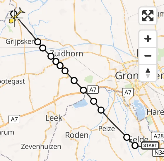 Vlucht Traumahelikopter PH-MAA van Groningen Airport Eelde naar Kommerzijl op zaterdag 3 augustus 2024 22:18