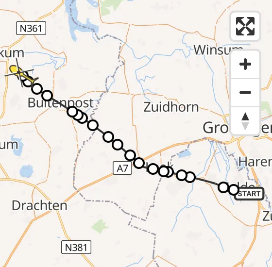 Vlucht Traumahelikopter PH-TTR van Groningen Airport Eelde naar Driezum op maandag 5 augustus 2024 16:52