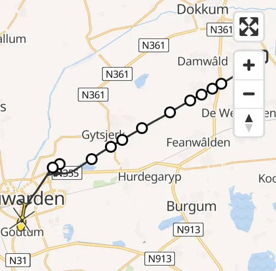 Vlucht Traumahelikopter PH-TTR van Driezum naar Leeuwarden op maandag 5 augustus 2024 17:31