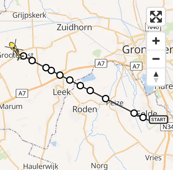 Vlucht Traumahelikopter PH-TTR van Groningen Airport Eelde naar Grootegast op vrijdag 27 september 2024 22:06