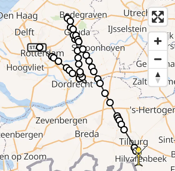 Vlucht Traumahelikopter PH-HVB van Rotterdam The Hague Airport naar Hilvarenbeek op donderdag 3 oktober 2024 14:17