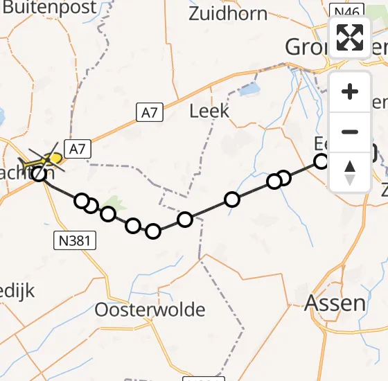 Vlucht Traumahelikopter PH-TTR van Groningen Airport Eelde naar Vliegveld Drachten op donderdag 3 oktober 2024 14:22