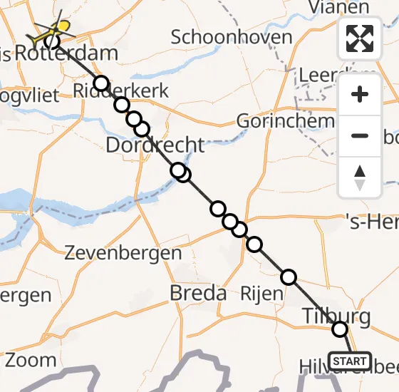 Vlucht Traumahelikopter PH-HVB van Hilvarenbeek naar Rotterdam The Hague Airport op donderdag 3 oktober 2024 14:55